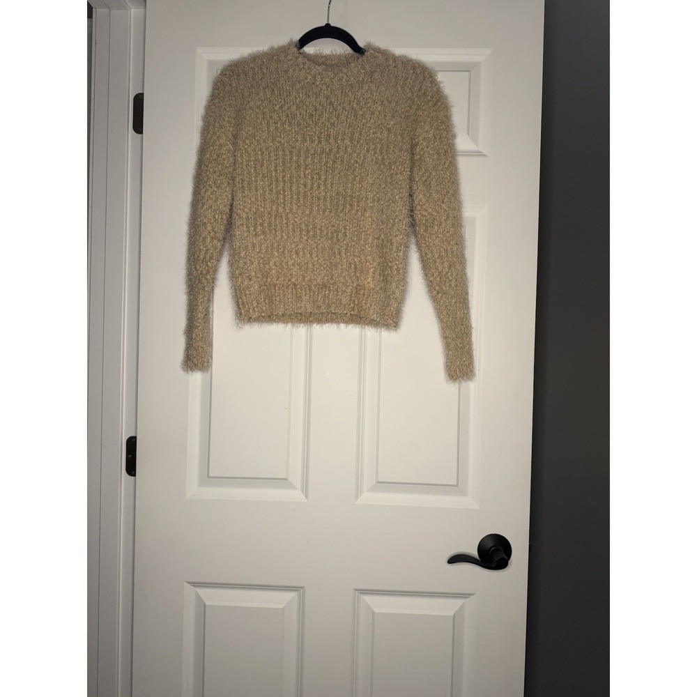 Major Label Group Fuzzy Soft Crewneck Knit Sweater XS Taupe Beige Mix